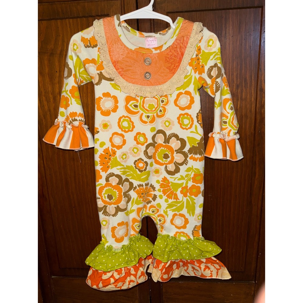 Giggle Moon Girls Floral Ruffle Romper Orange Green 70s Retro Long Sleeve 12-18M